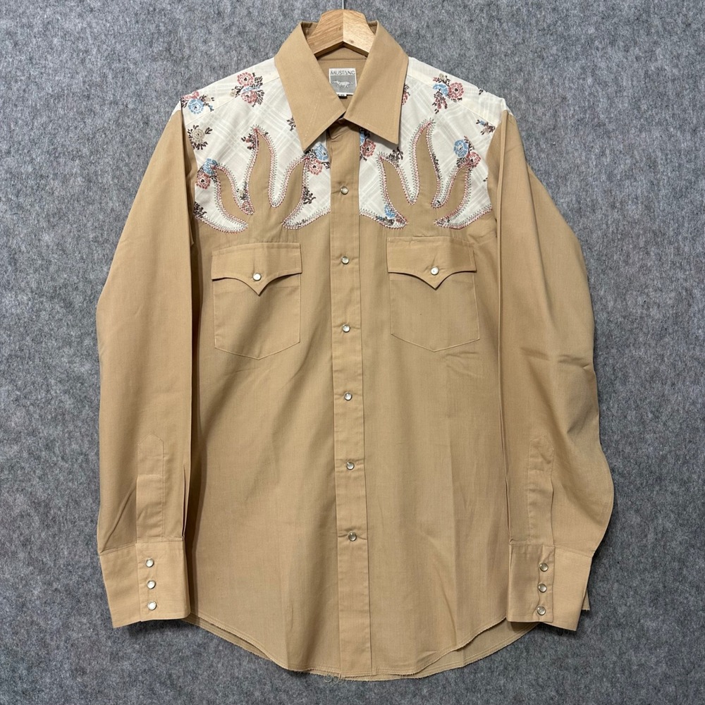 Mustang Western Shirt Mens 16-33 Tan Vintage 70s Pearl Snap Floral Embroidered